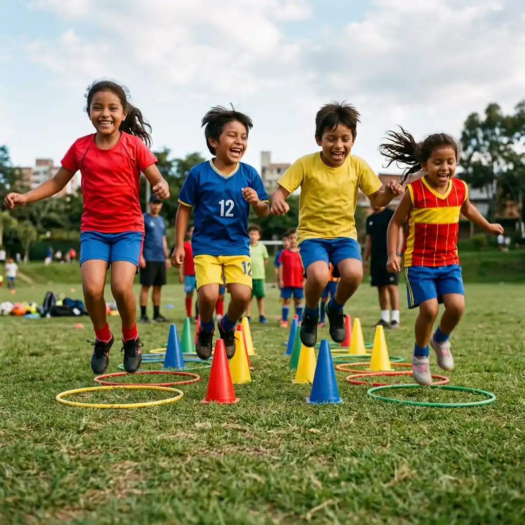 Niños riendo y saltando durante un entrenamiento de Focus+